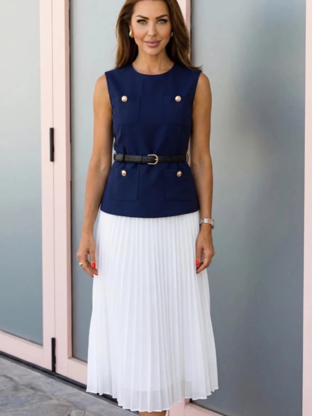 Navy Belted Sleeveless Tailored Top with Gold Buttons